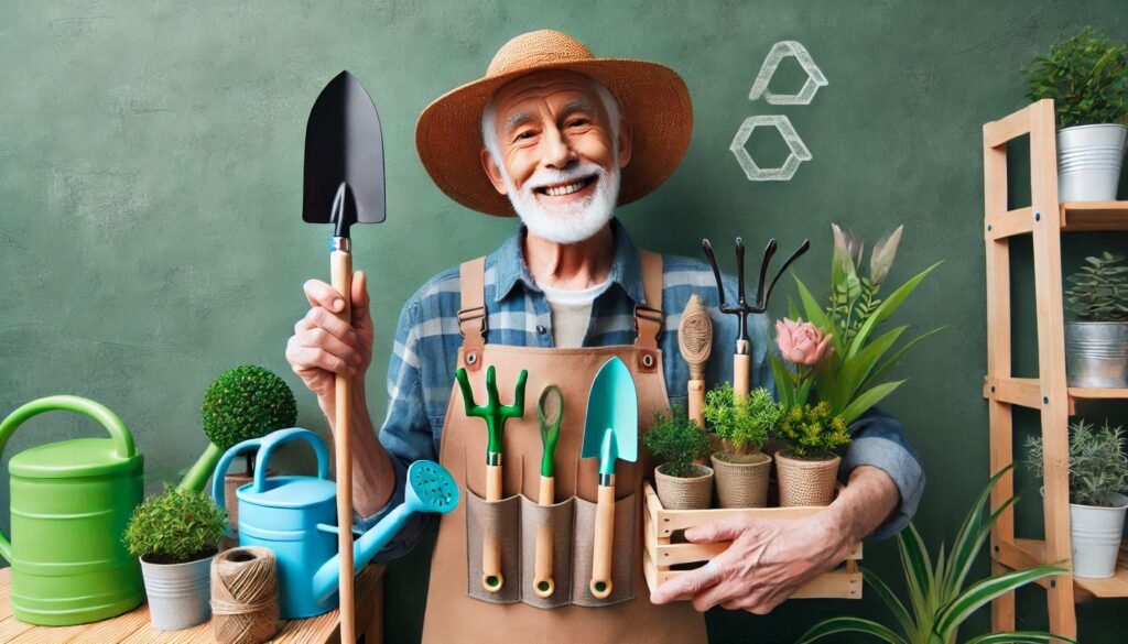 a senior holding friendly senior gardening tools