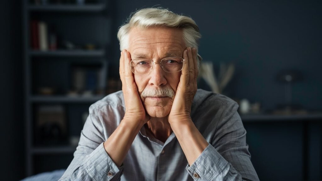 A senior thinking of something serious