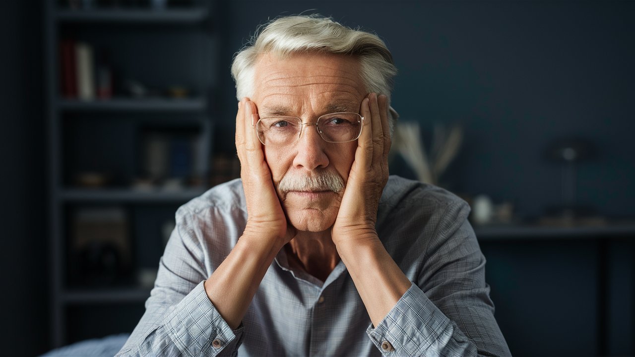 A senior thinking of something serious