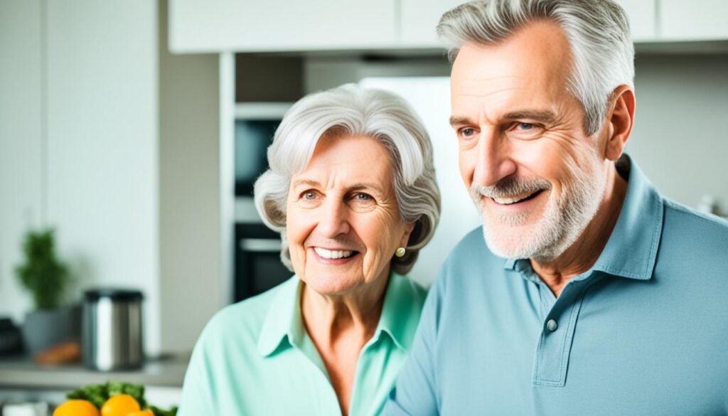 Senior couple smiling and happy together for they are well taken cared of.