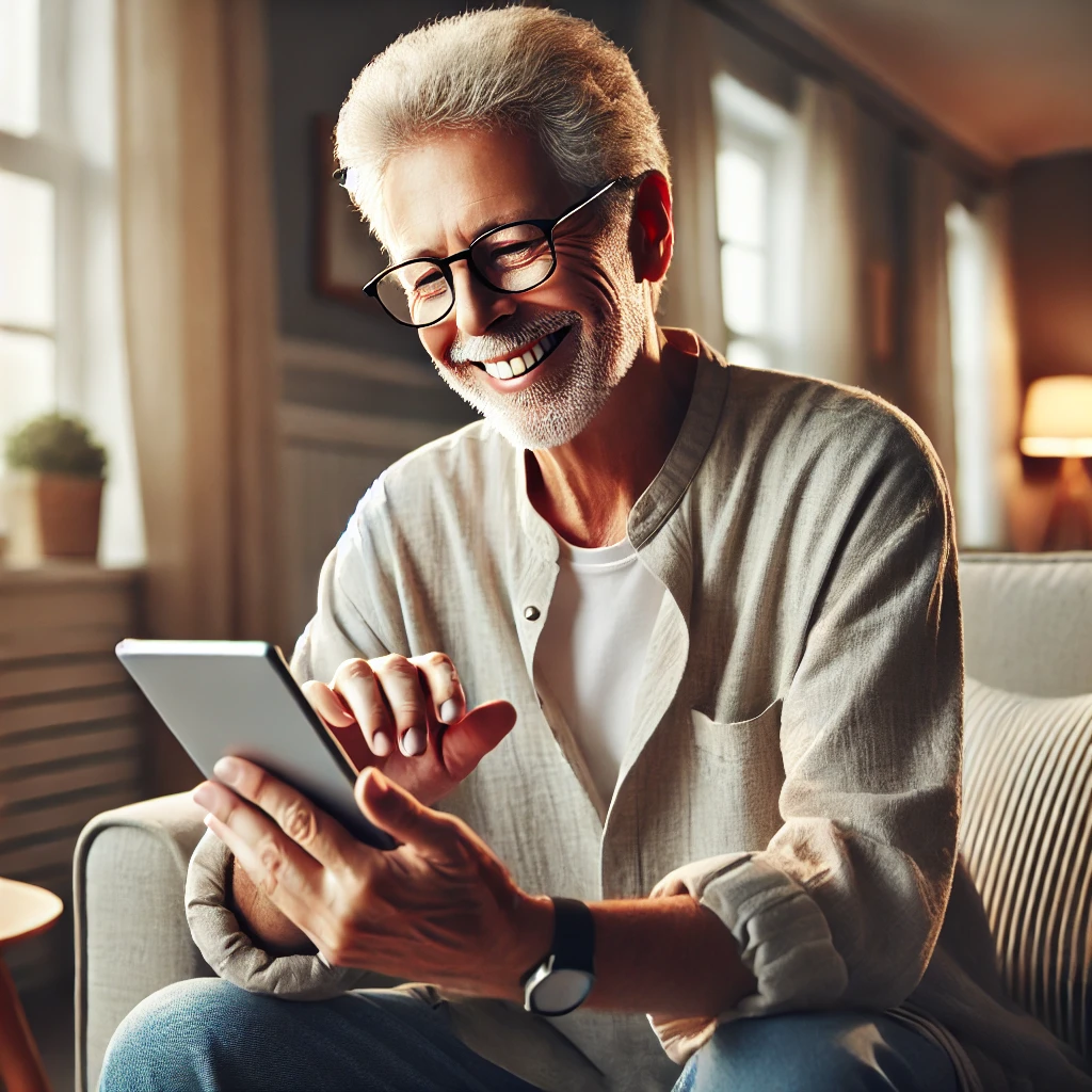 an older person happily using his senior health app