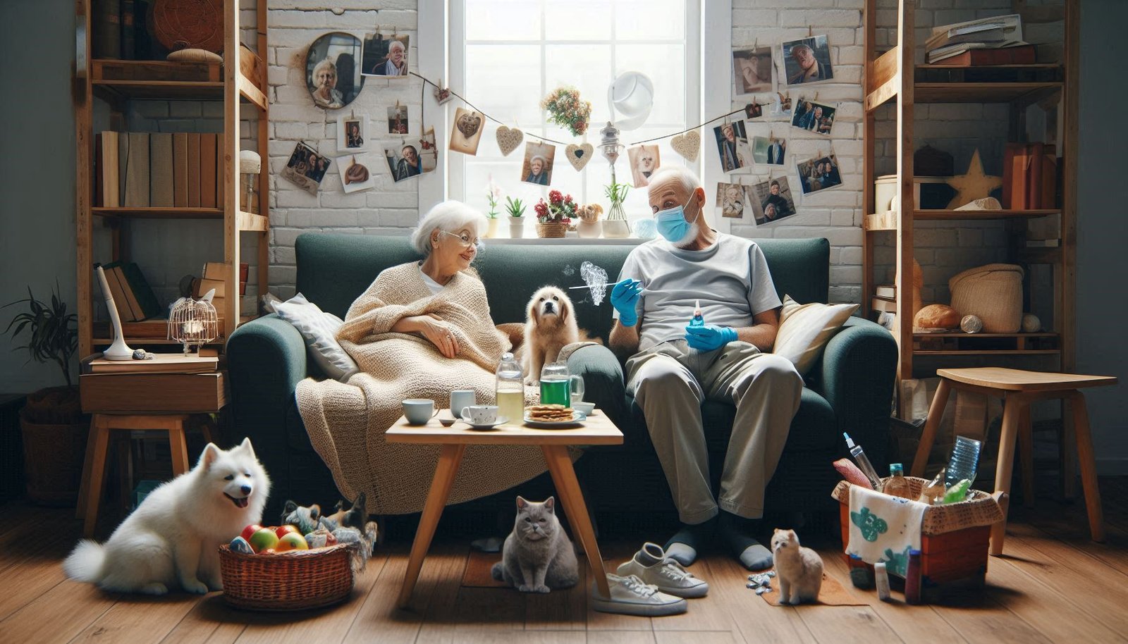 two older couples at home surrounded by their pets and some things for senior safety