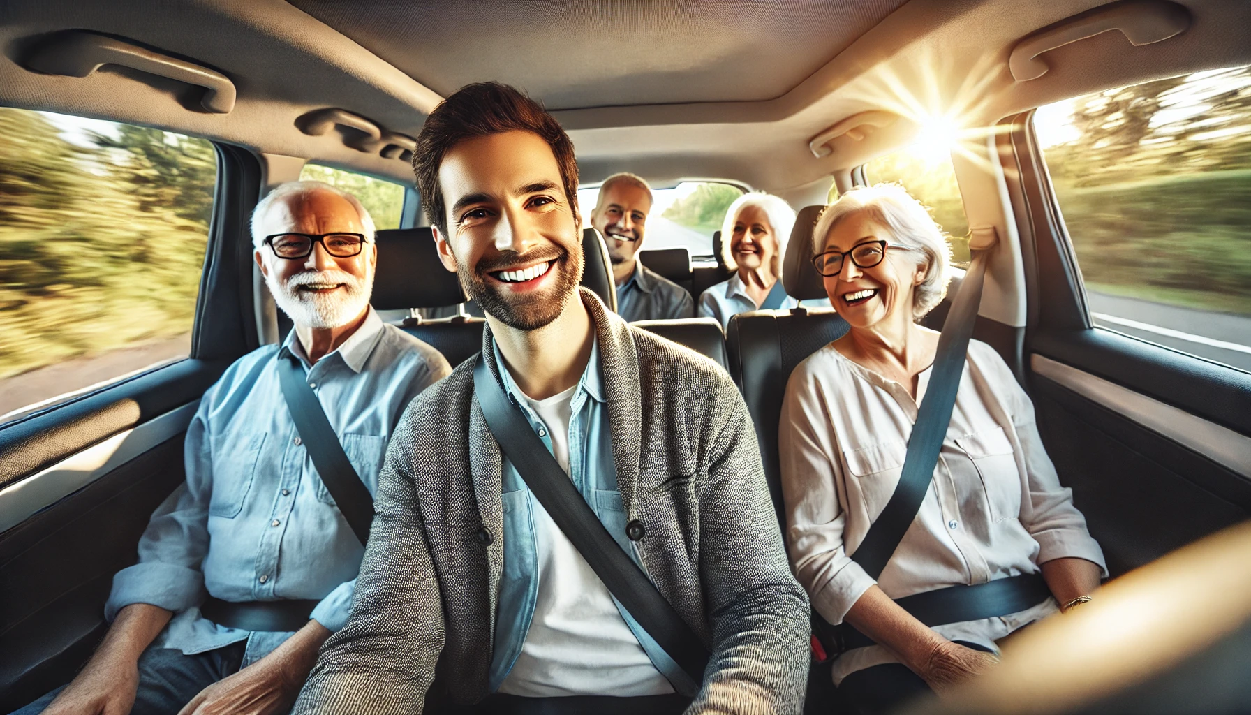 a senior transport with a group of seniors and a smiling young man
