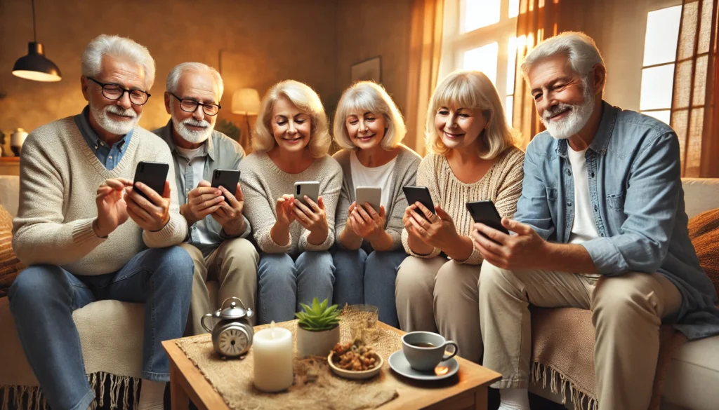 group of seniors following Safety Tips for Seniors using their mobile