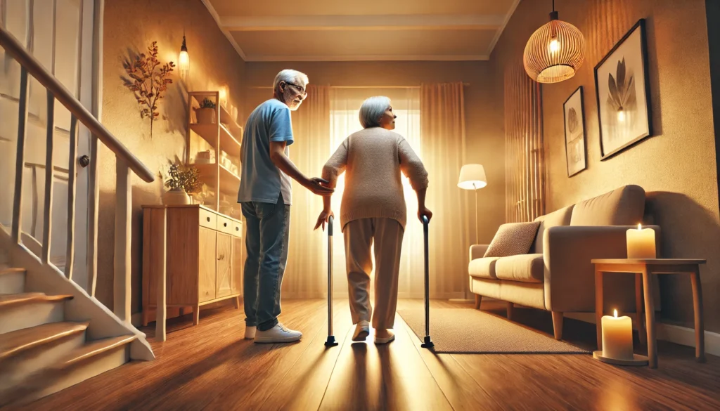 A caregiver assists a senior in a safe home environment, illustrating senior safety tips such as grab bars, non-slip mats, and accessible furniture.