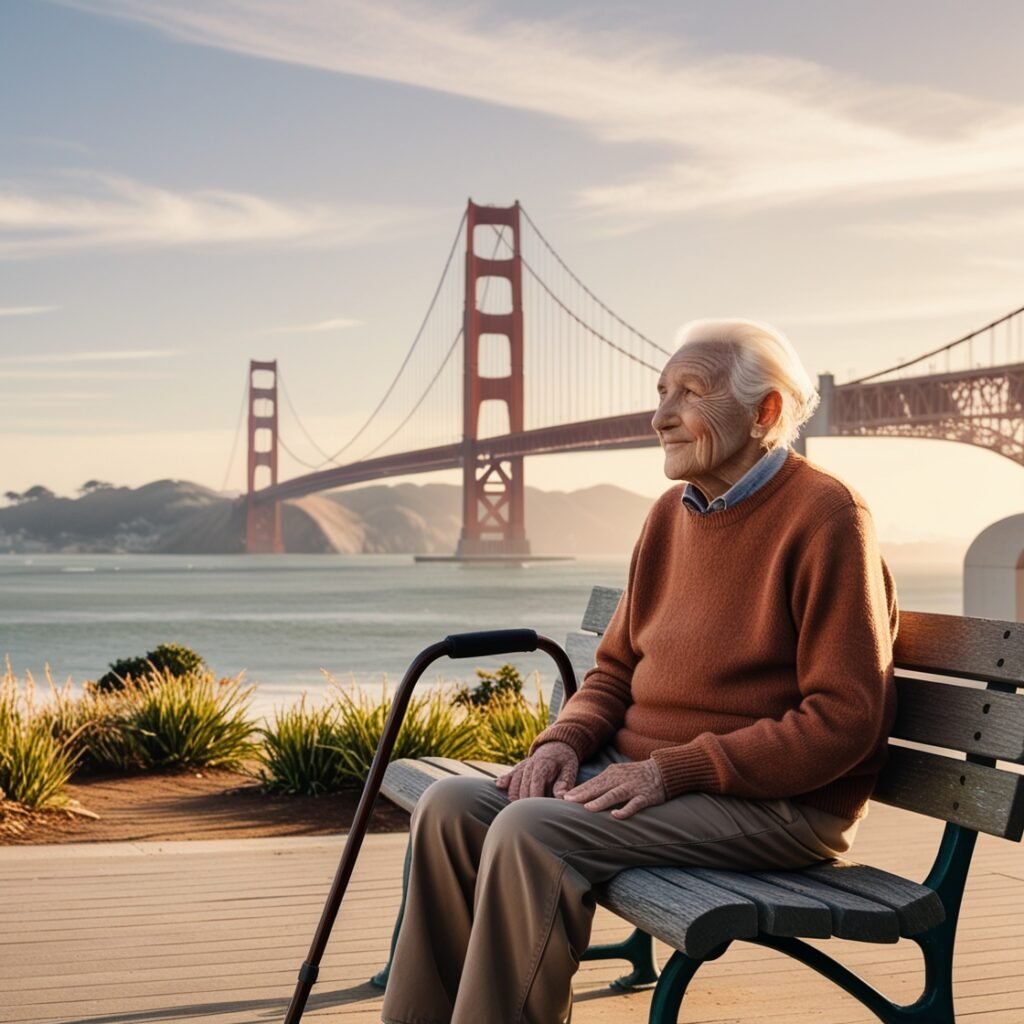 ang aging senior on a bench around San Francisco