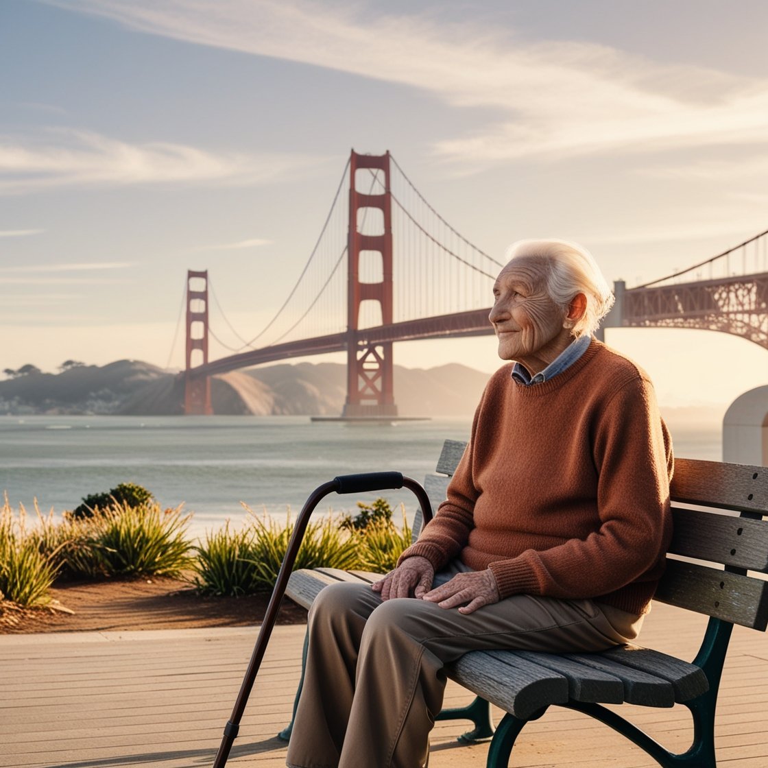 ang aging senior on a bench around San Francisco