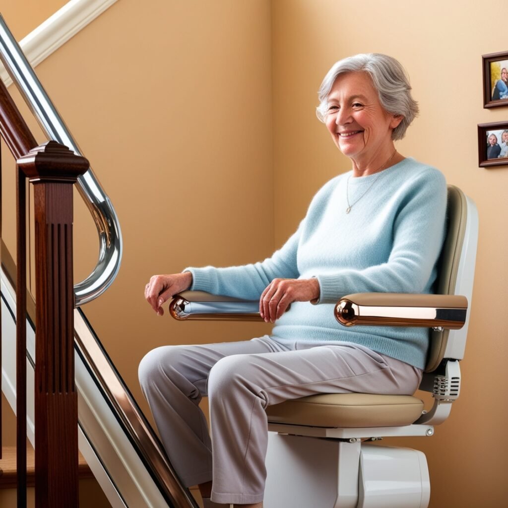 an older woman using a stair lift