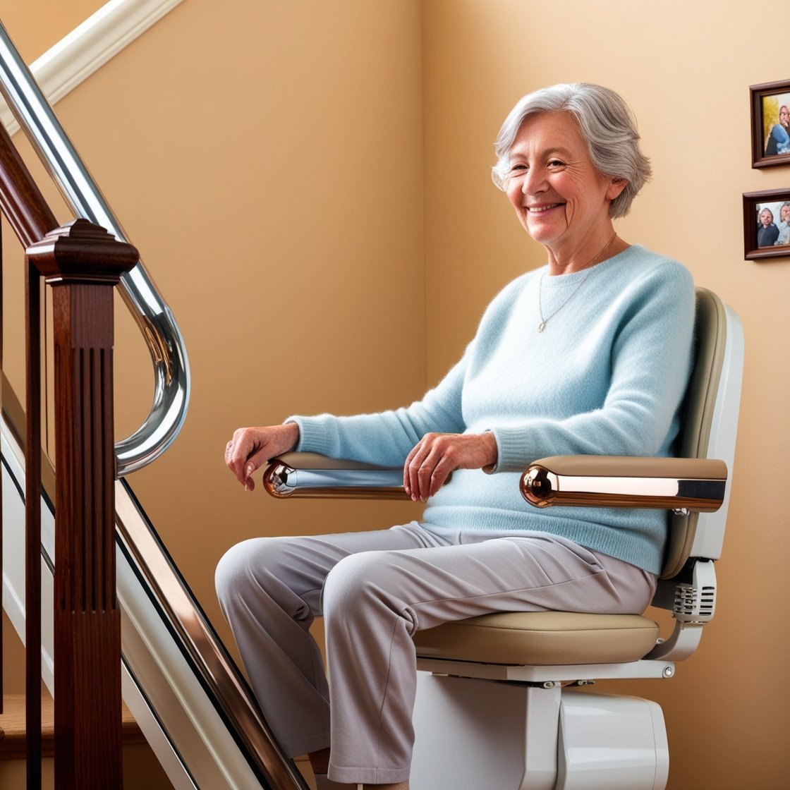 an older woman using a stair lift