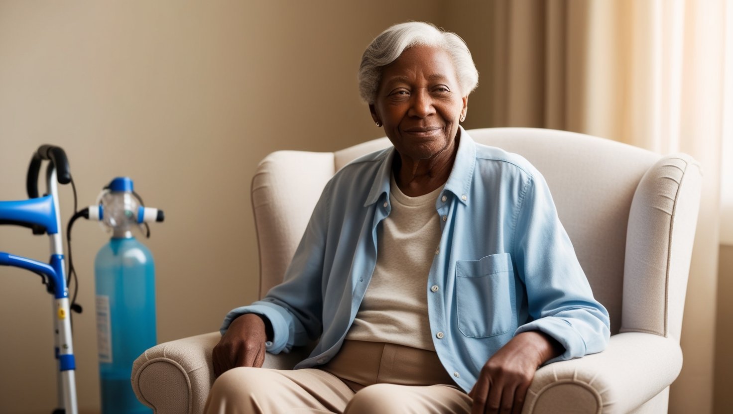 a senior sitting down in a chair