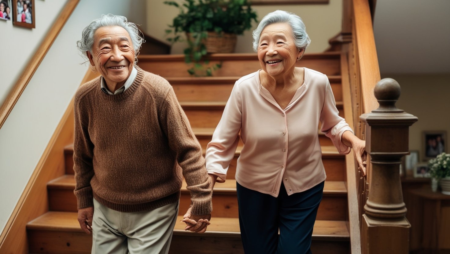 an old couple using the stairs