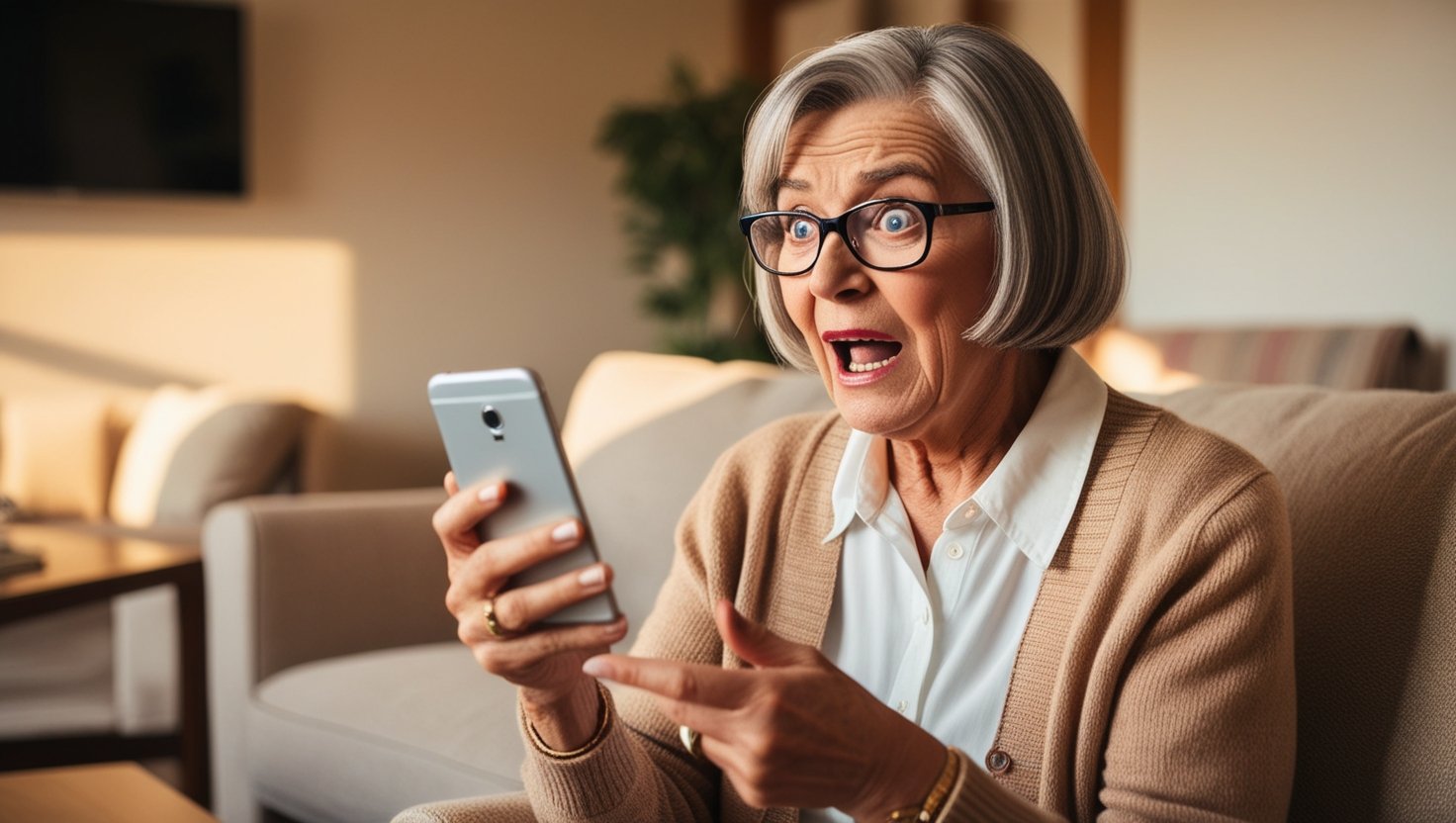 a senior holding her phone in a shock expression