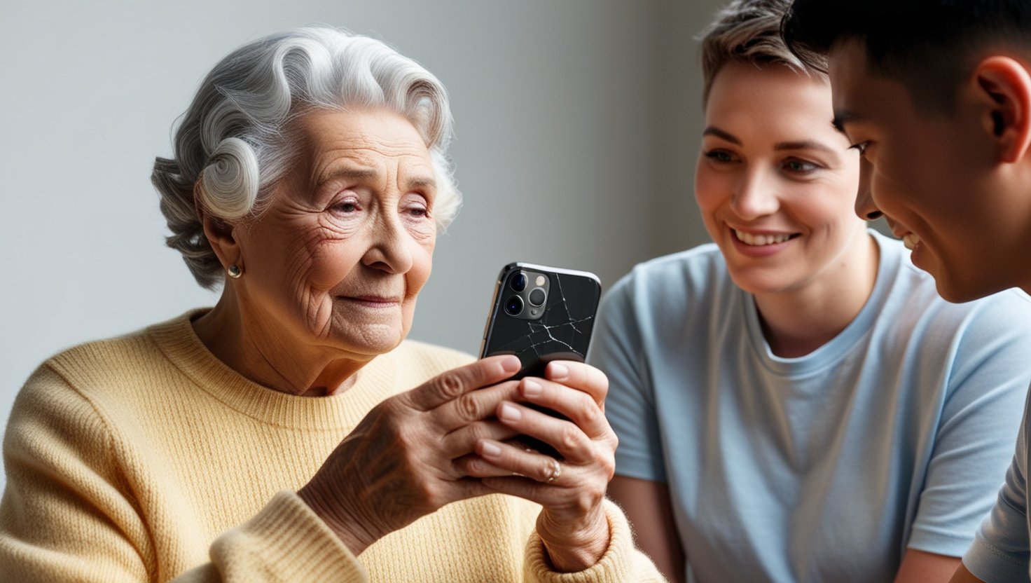 an old woman holding a phone while two younger ones teaching her how to use senior apps for senior wellness
