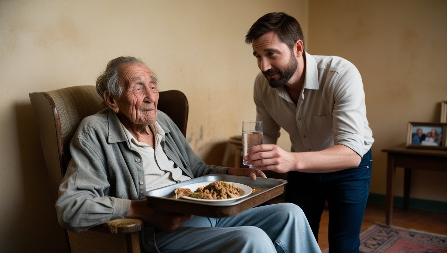 a senior being being taken cared of a younger man