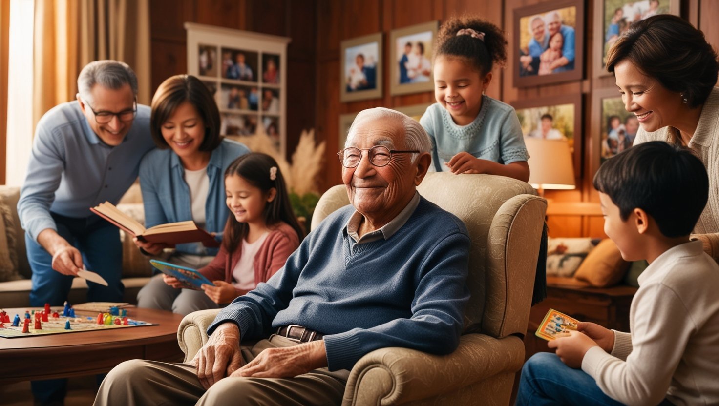 a senior sitting at home surrounded by his family