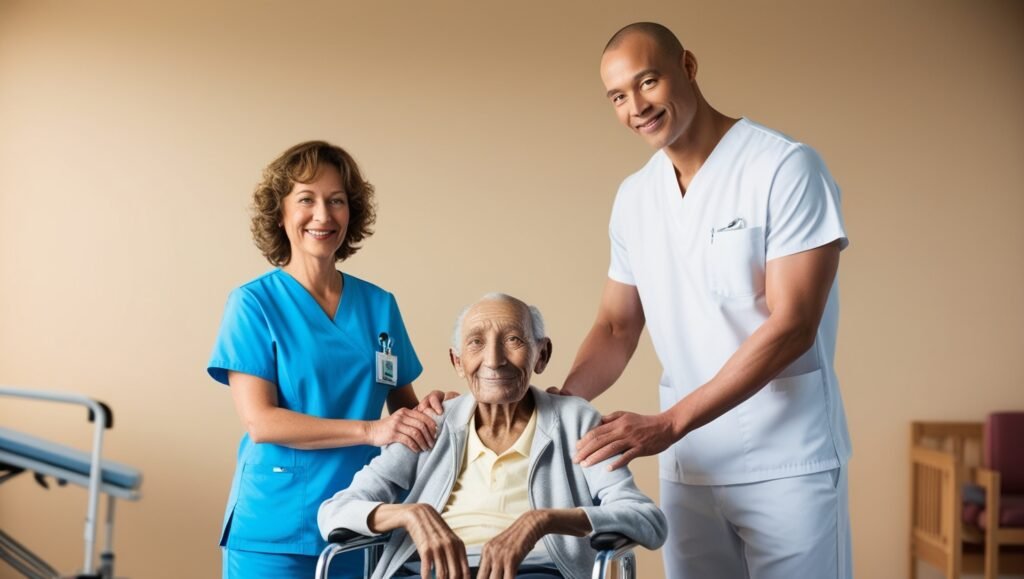 two caregivers with a senior
